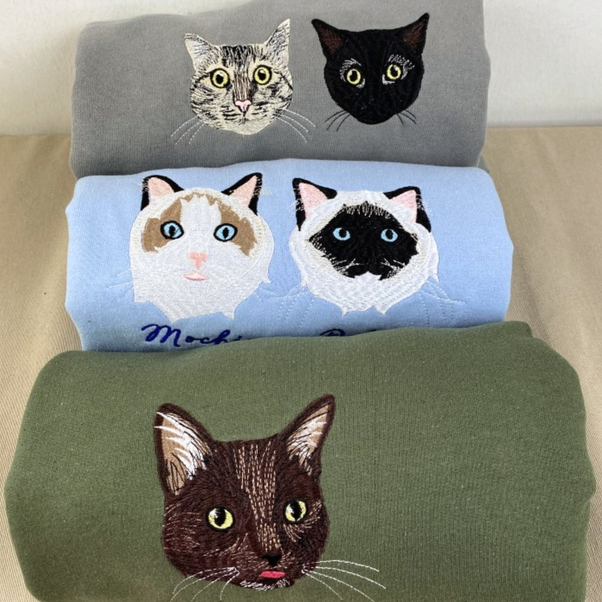 Custom Cat Portrait Embroidered Hoodie - Personalized Cat Face Sweatshirt with Name - Cat Lover Gift