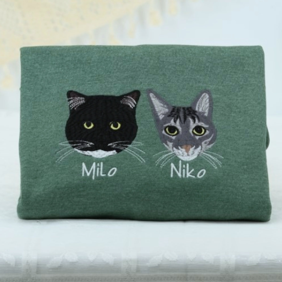 Custom Cat Portrait Embroidered Hoodie - Personalized Cat Face Sweatshirt with Name - Cat Lover Gift