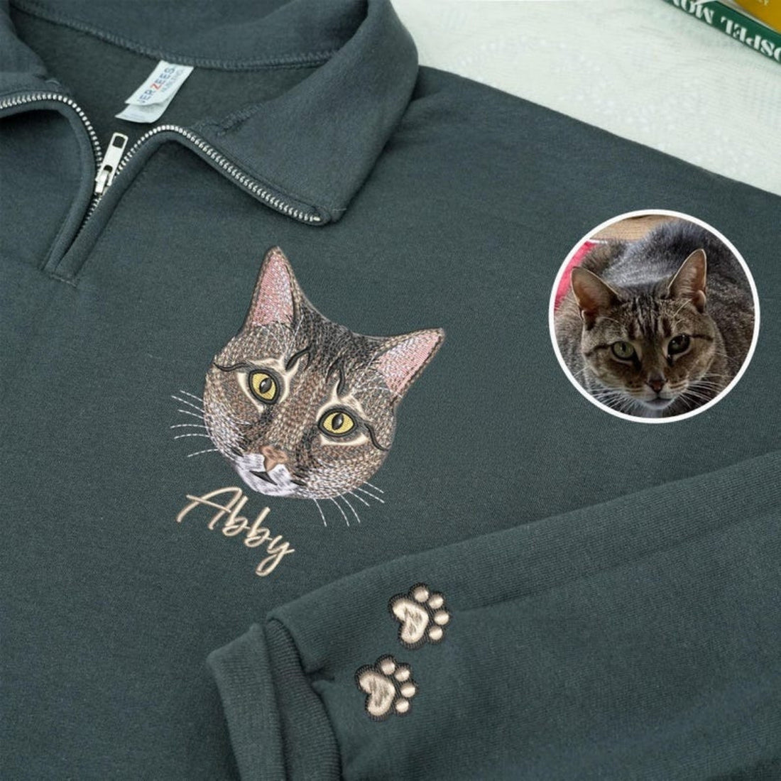 Custom Pet Portrait Embroidered Quarter Zip - Personalized Cat Face Pullover - Pet Memorial Gift