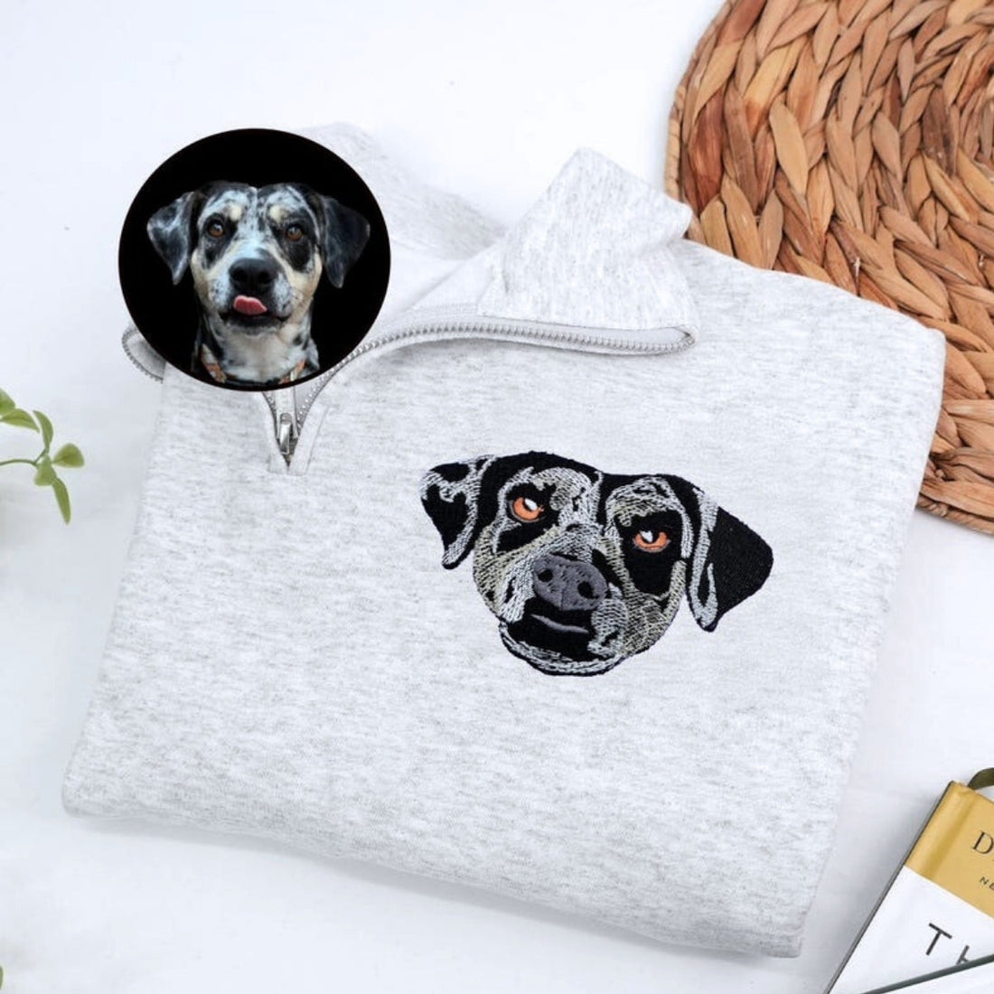 Custom Pet Portrait Embroidered Quarter Zip - Personalized Cat Face Pullover - Pet Memorial Gift