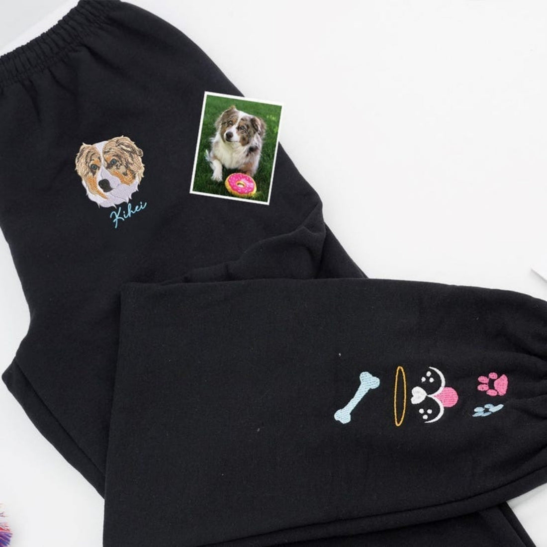 Custom Pet Portrait Embroidered Sweatpants - Personalized Dog Cat Face - Premium Pet Parent Gift