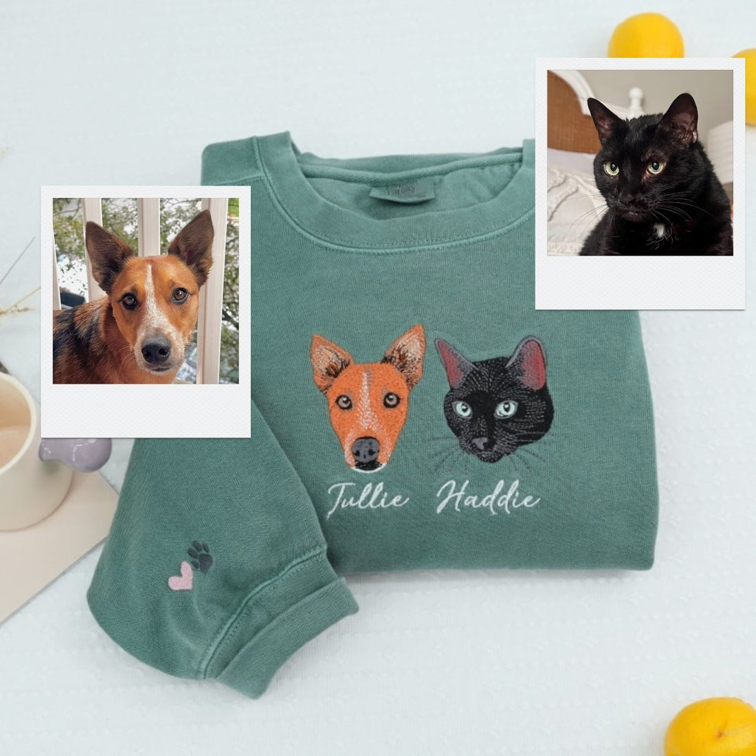 Custom Pet Portrait Embroidered Sweatshirt - Personalized Dog Cat Face with Names - Pet Parent Gift