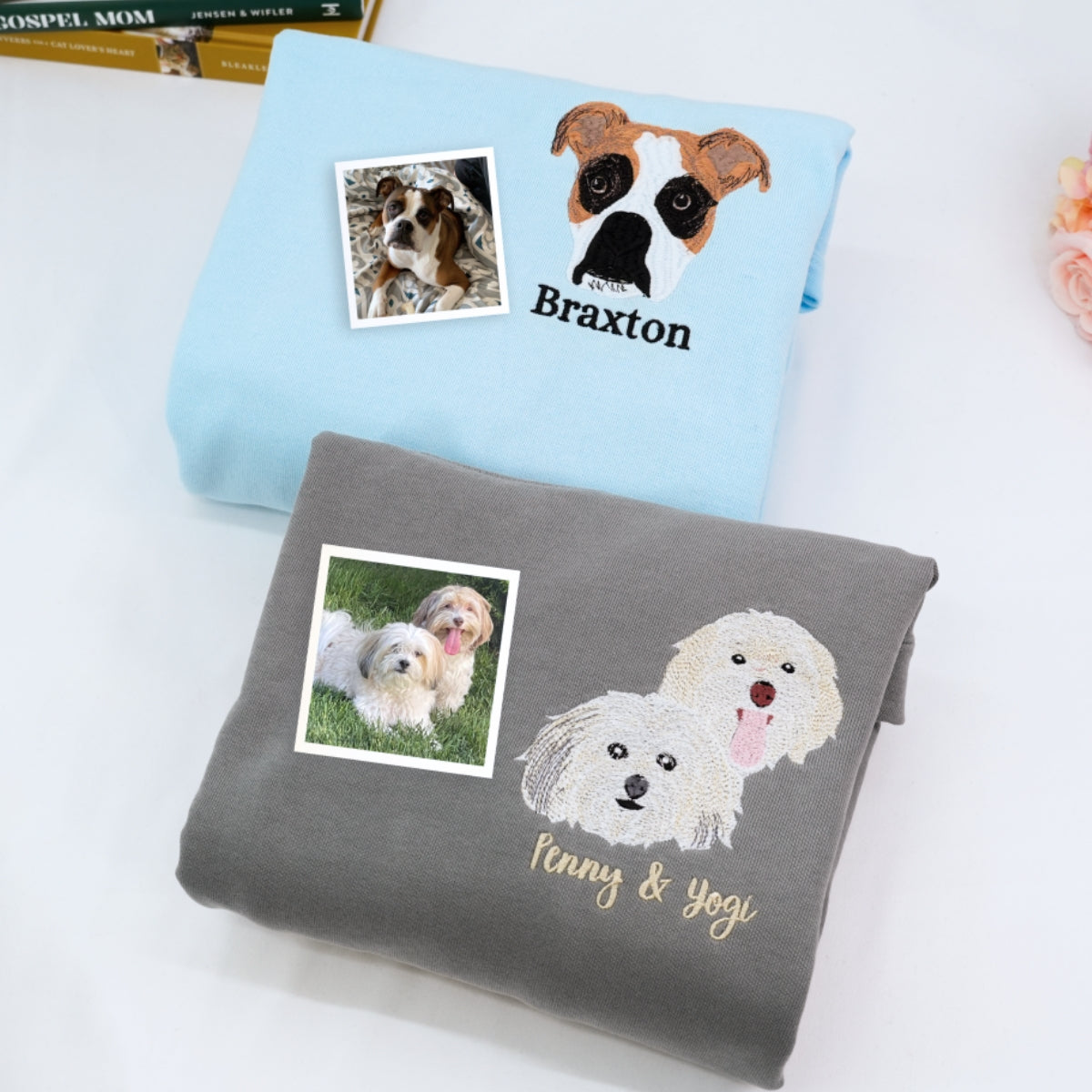 Custom Dog Portrait Embroidered Sweatshirt - Personalized Dog Face Shirt with Names - Dog Lover Gift