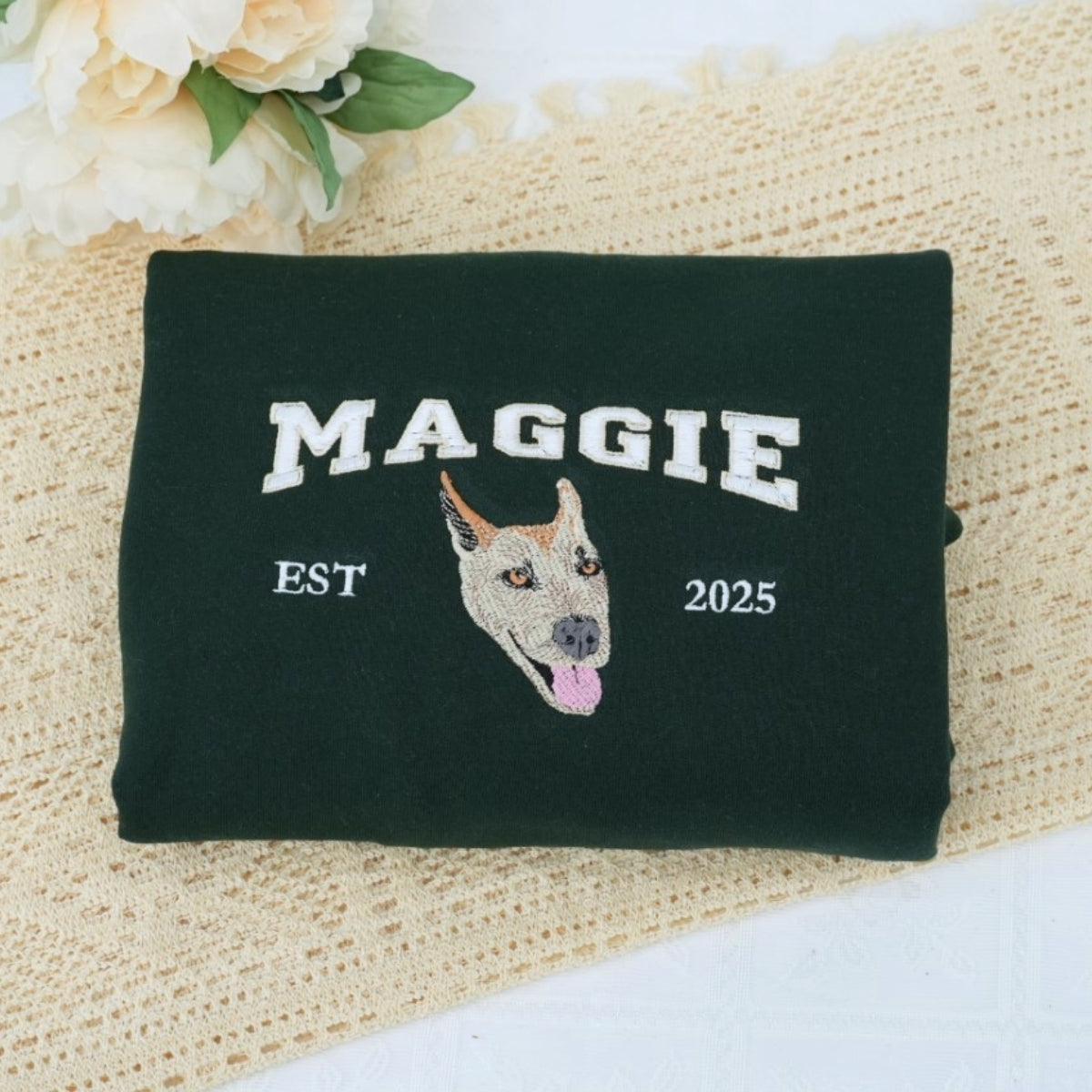 Custom Dog Portrait Embroidered Sweatshirt - Personalized Dog Name Varsity Shirt - Dog Lover Gift