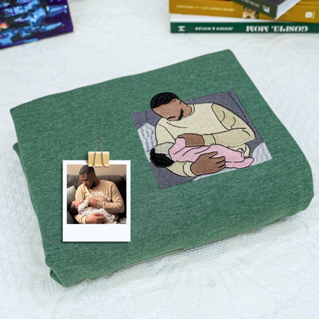 Father & Baby Portrait Custom Embroidered Hoodie - Personalized Father's Day Gift