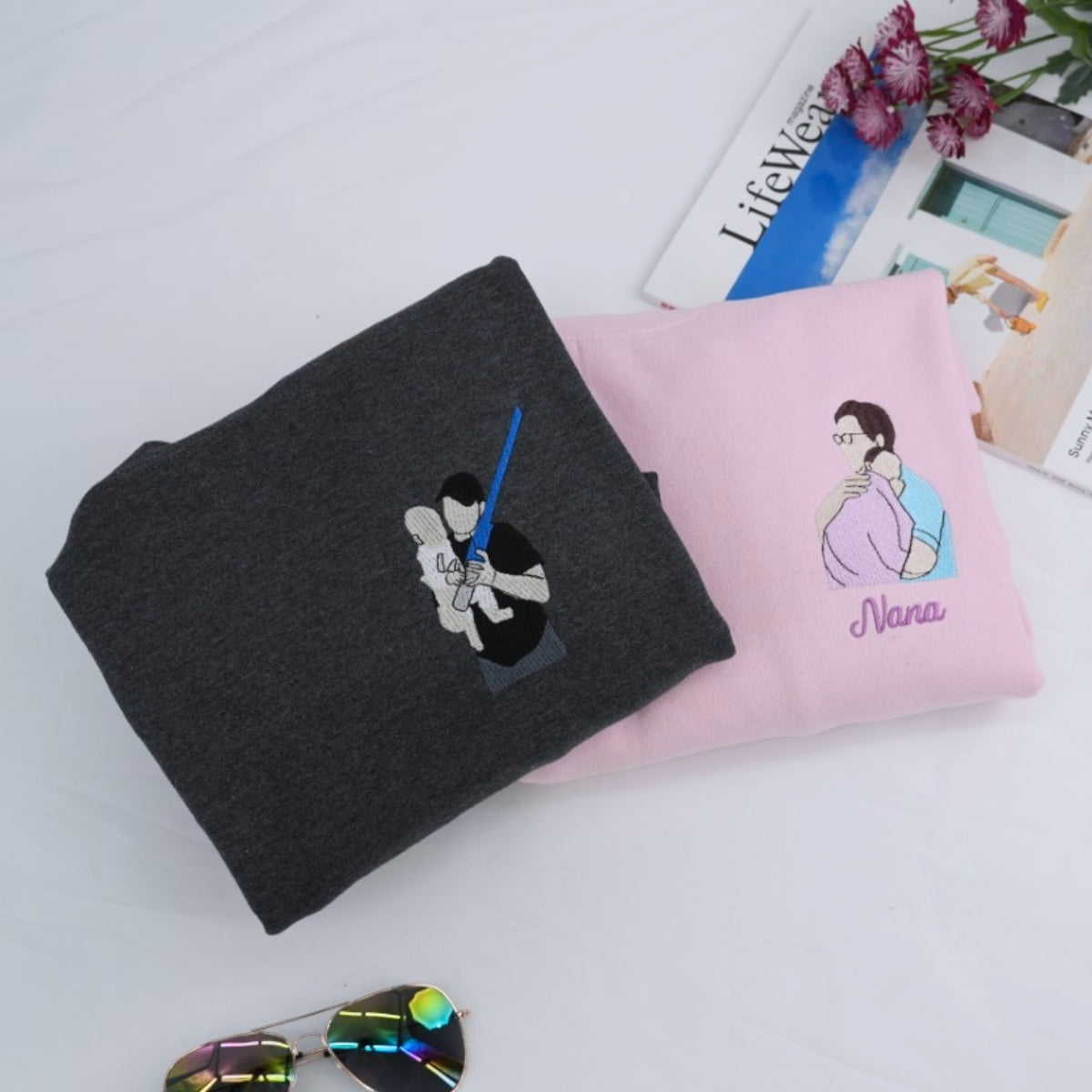 Father & Baby Portrait Custom Embroidered Hoodie - Personalized Father's Day Gift