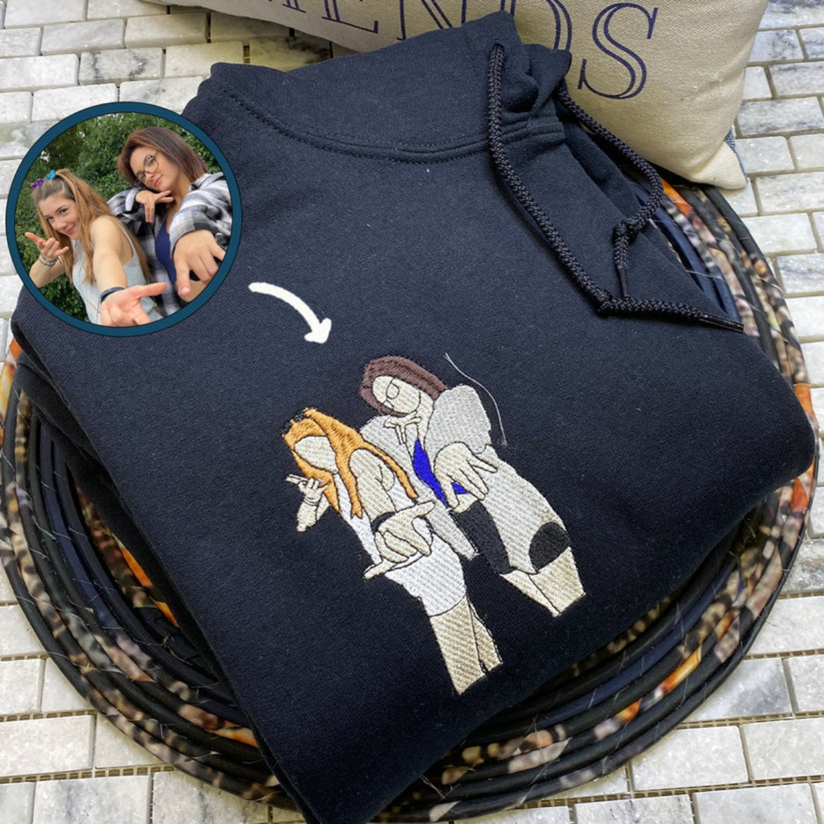 Sisters Portrait Custom Embroidered Hoodie - Personalized Gift for Teen Girls