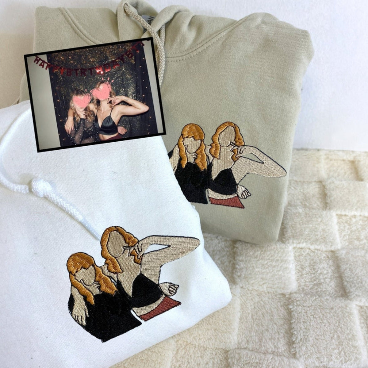 Sisters Portrait Custom Embroidered Hoodie - Personalized Gift for Teen Girls