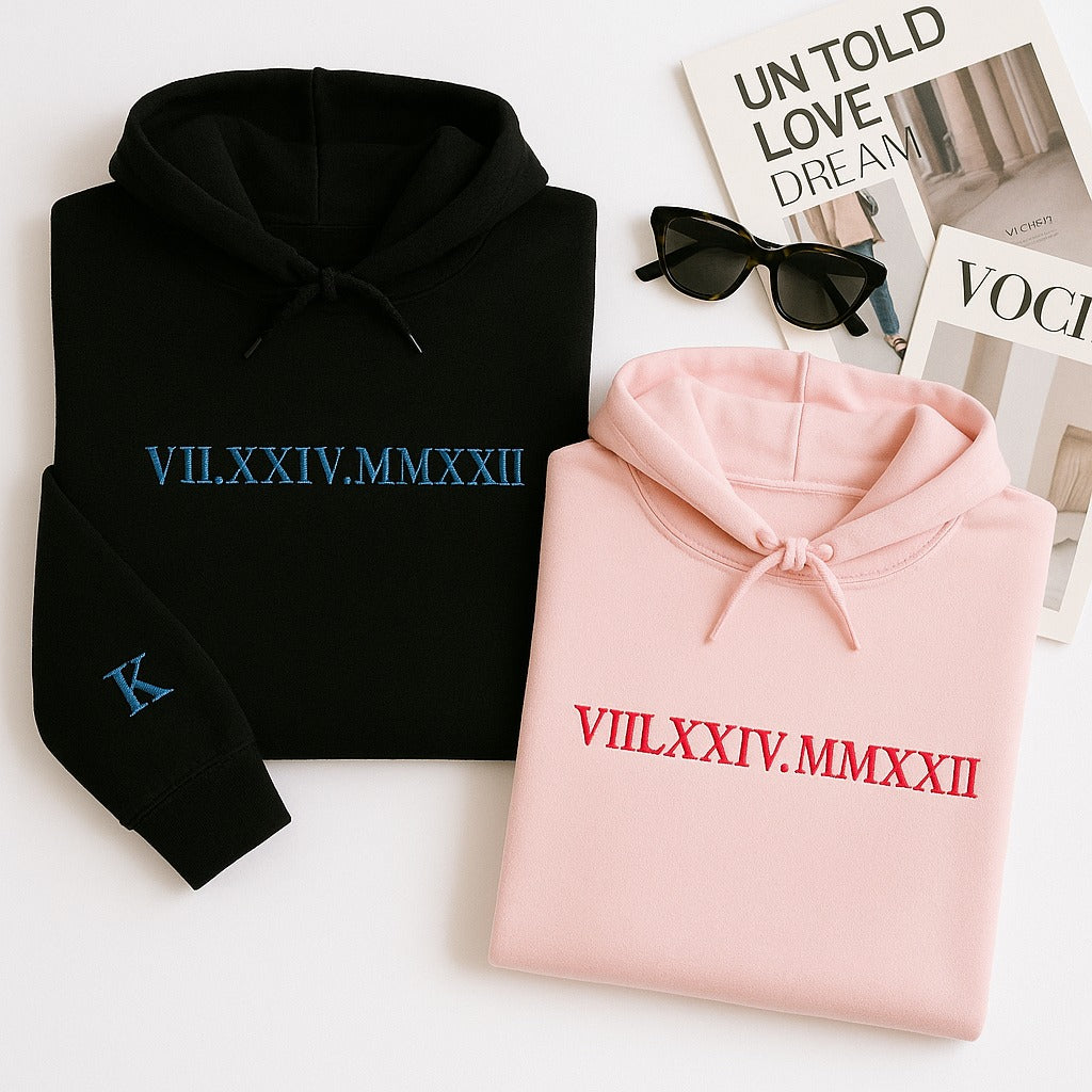 Roman Numeral Custom Embroidered Hoodie - Personalized Date Sweatshirt