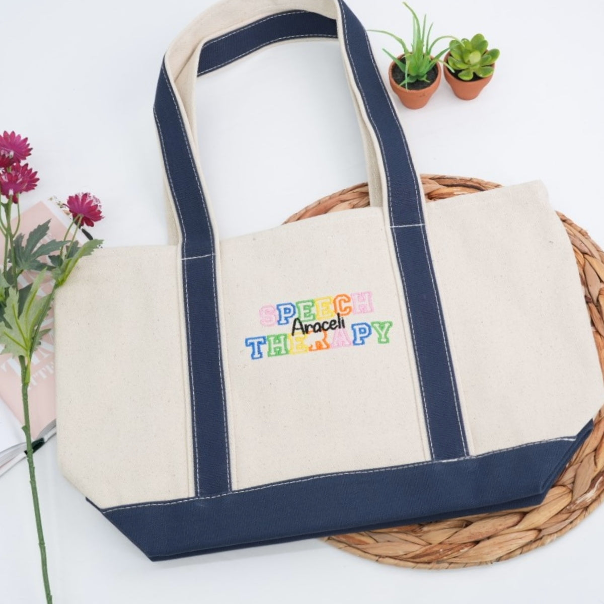 SLP Gift Custom Embroidered Tote Bag - Personalized Speech Language Pathologist Bag