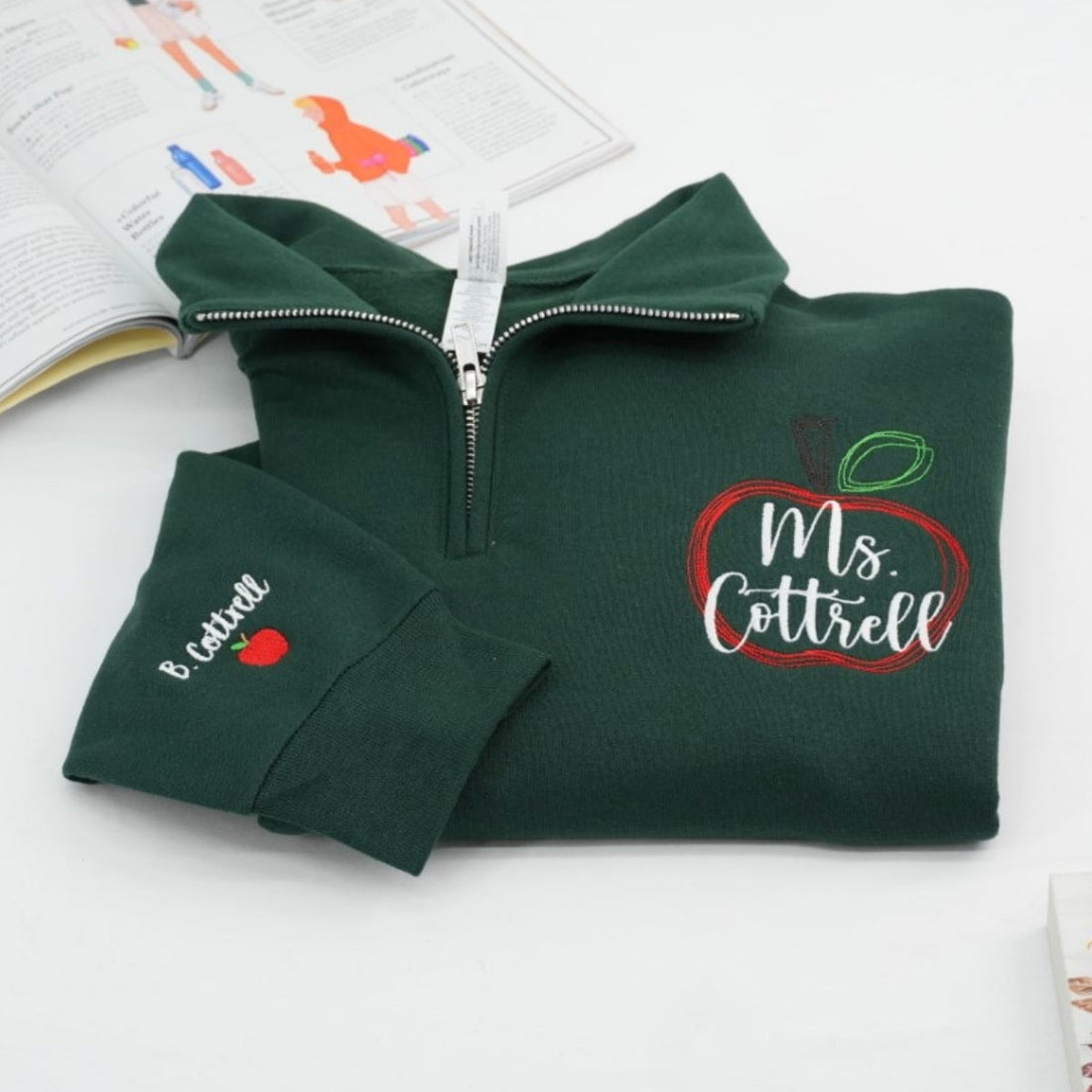 Personalized Teacher Gift Custom Embroidered Apple Quarter Zip Sweatshirt