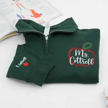 Personalized Teacher Gift Custom Embroidered Apple Quarter Zip Sweatshirt