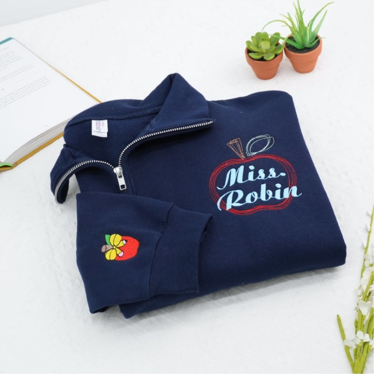Teacher Gift Custom Embroidered Apple Quarter Zip - Personalized Teacher Sweatshirt