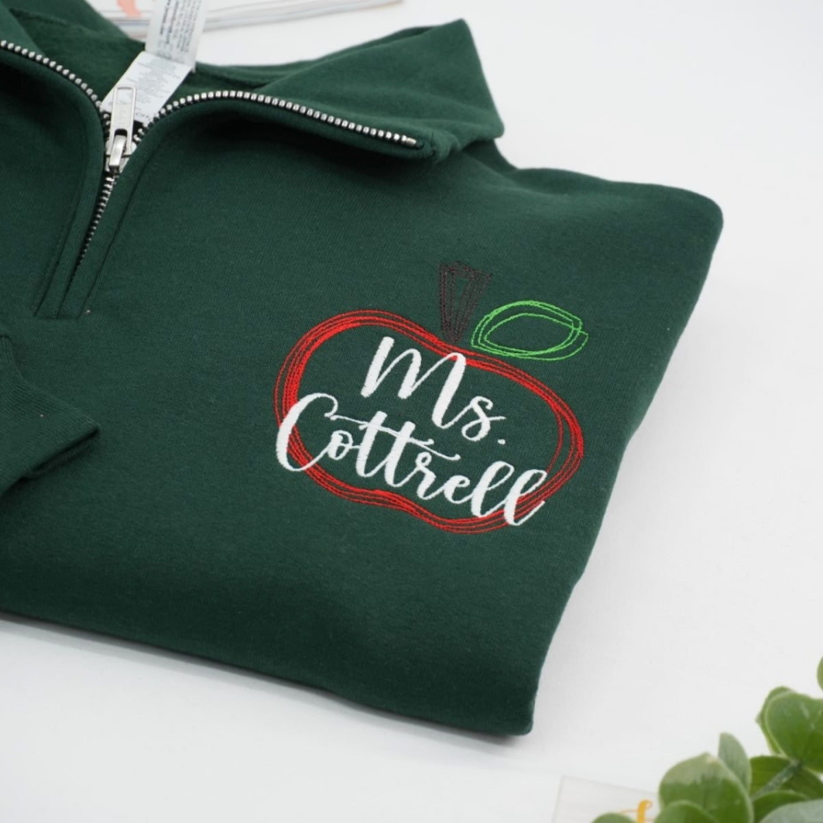 Personalized Teacher Gift Custom Embroidered Apple Quarter Zip Sweatshirt