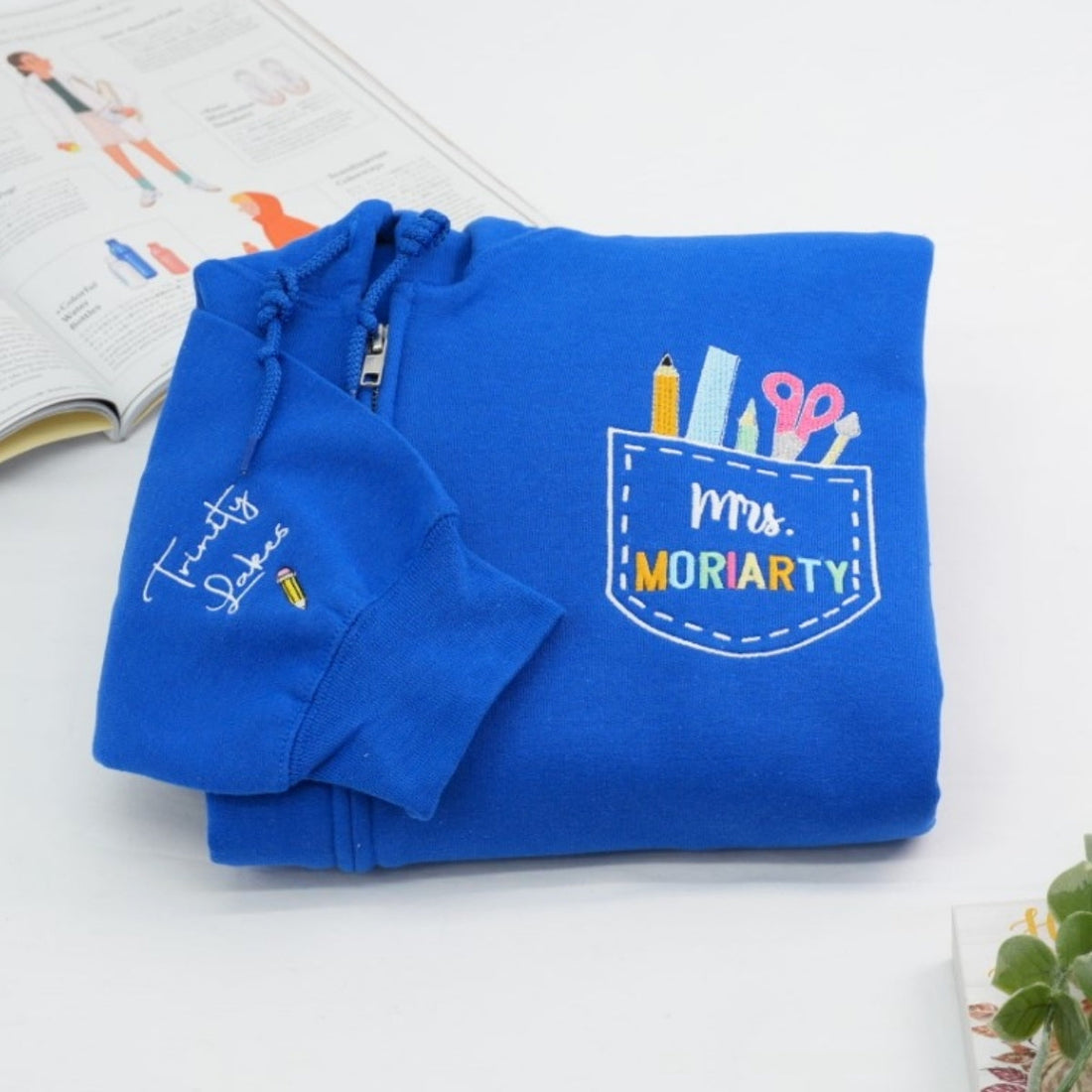 Teacher School Supply Pocket Custom Embroidered Quarter Zip Sweatshirt - Personalized Teacher Gift