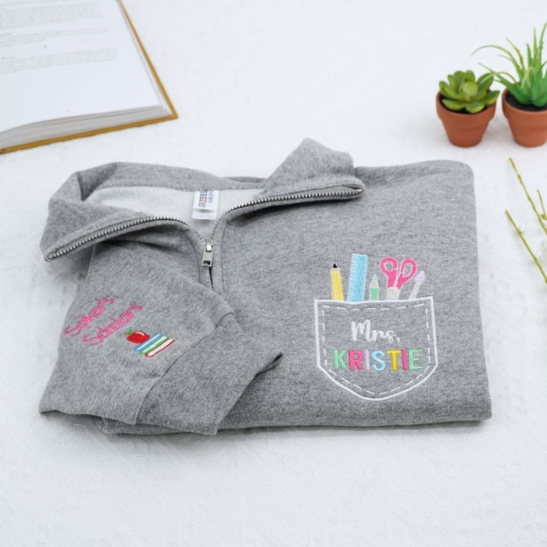 Teacher School Supply Custom Embroidered Quarter Zip Sweatshirt - Personalized Gift for Teachers