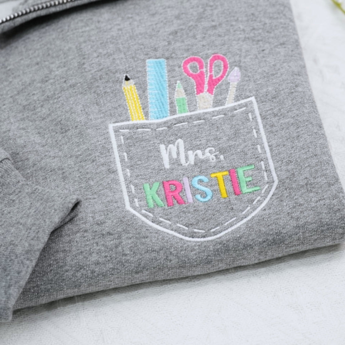 Teacher School Supply Custom Embroidered Quarter Zip Sweatshirt - Personalized Gift for Teachers