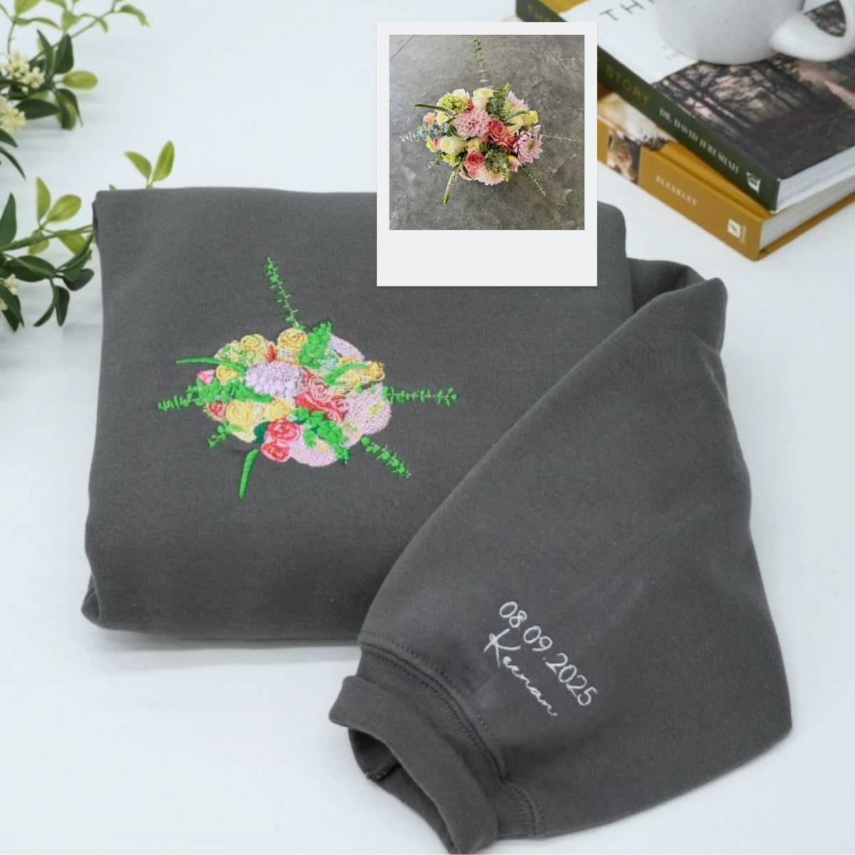 Wedding Bouquet Custom Embroidered Hoodie - Personalized Bride Wedding Date Keepsake