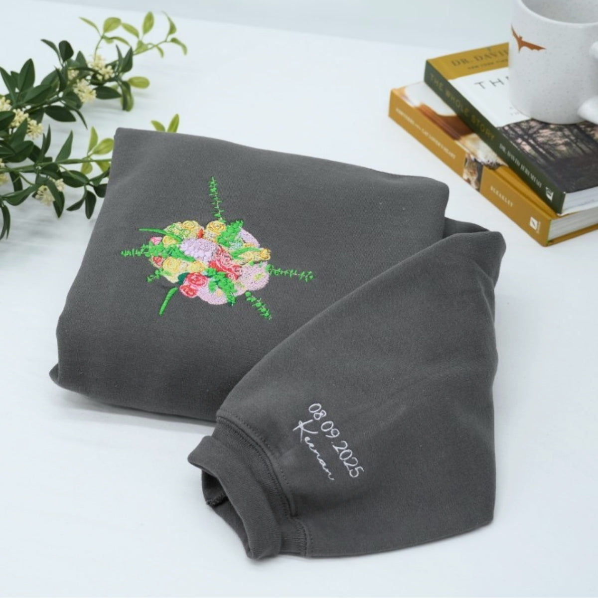 Wedding Bouquet Custom Embroidered Hoodie - Personalized Bride Wedding Date Keepsake