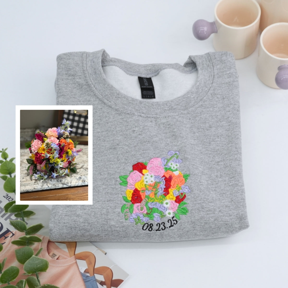 Wedding Bouquet Custom Embroidered Sweatshirt - Personalized Bride Anniversary Gift