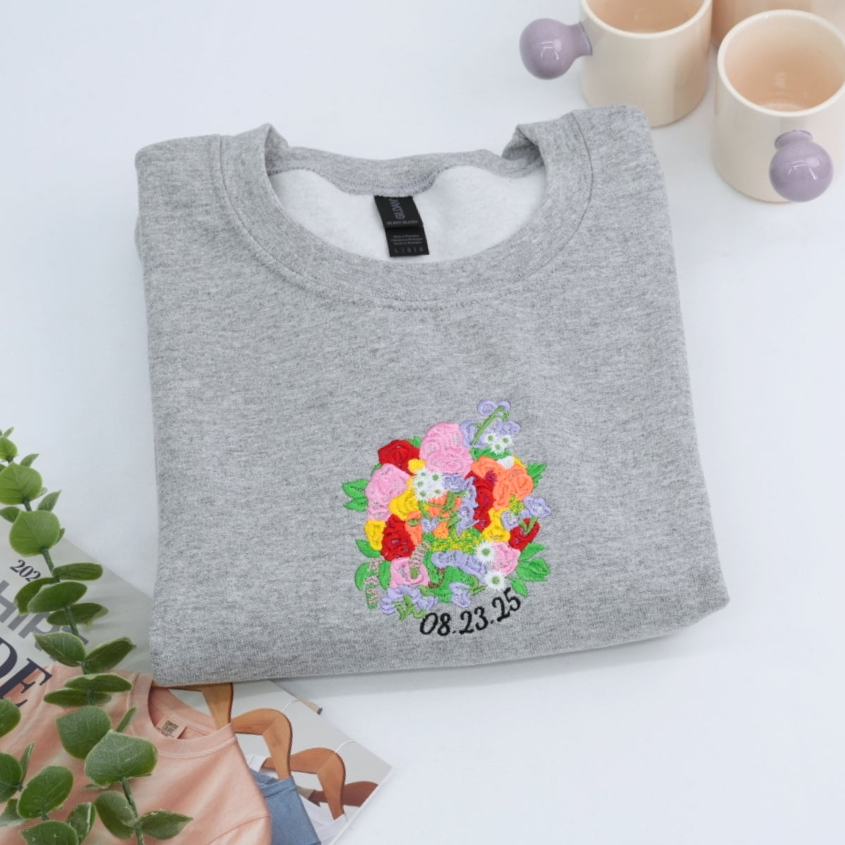 Wedding Bouquet Custom Embroidered Sweatshirt - Personalized Bride Anniversary Gift