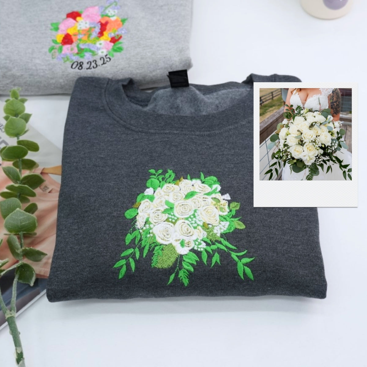 Wedding Bouquet Custom Embroidered Sweatshirt - Personalized Bride Anniversary Gift