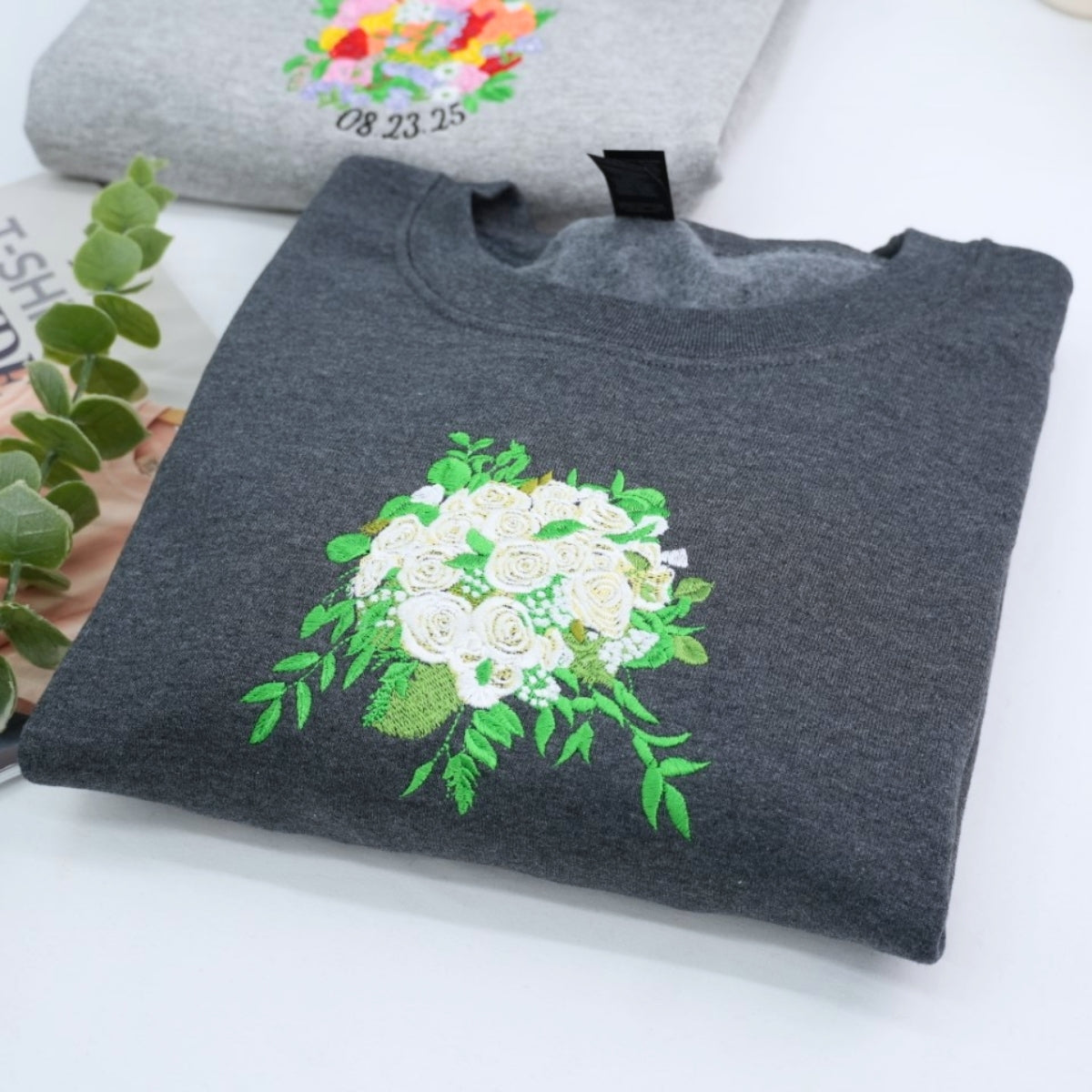 Wedding Bouquet Custom Embroidered Sweatshirt - Personalized Bride Anniversary Gift