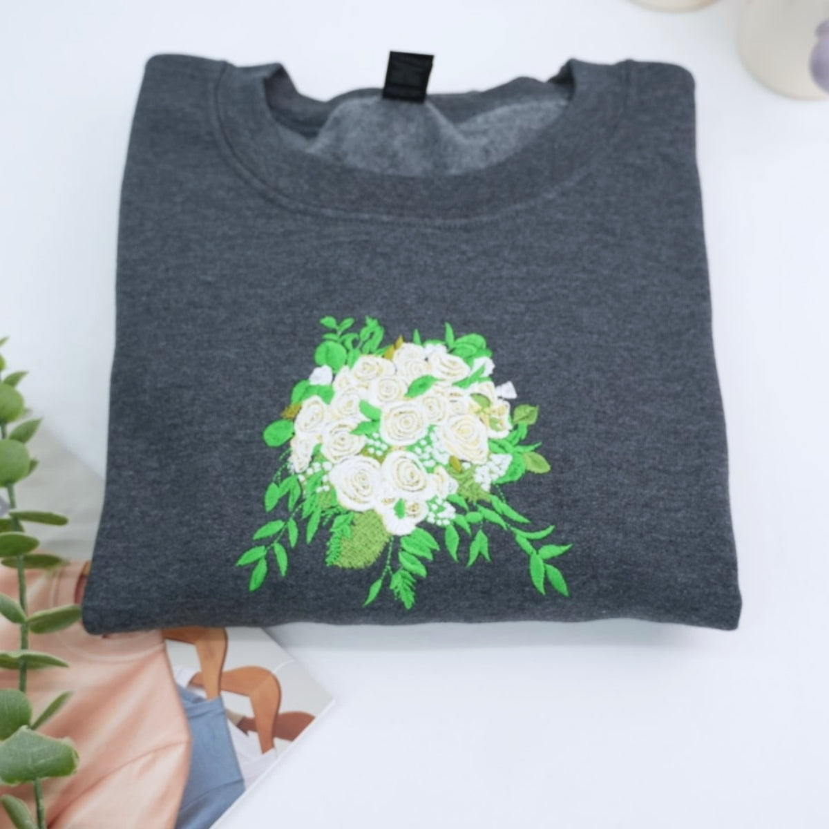 Wedding Bouquet Custom Embroidered Sweatshirt - Personalized Bride Anniversary Gift