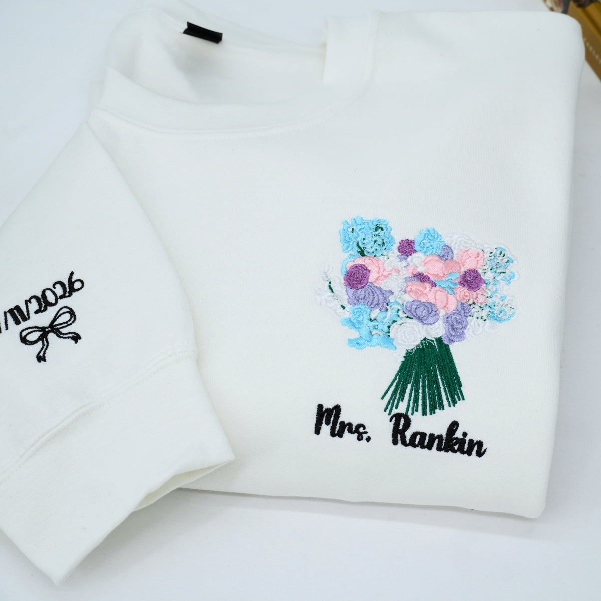 Wedding Bouquet Custom Embroidered Sweatshirt - Personalized Bride Crewneck Keepsake