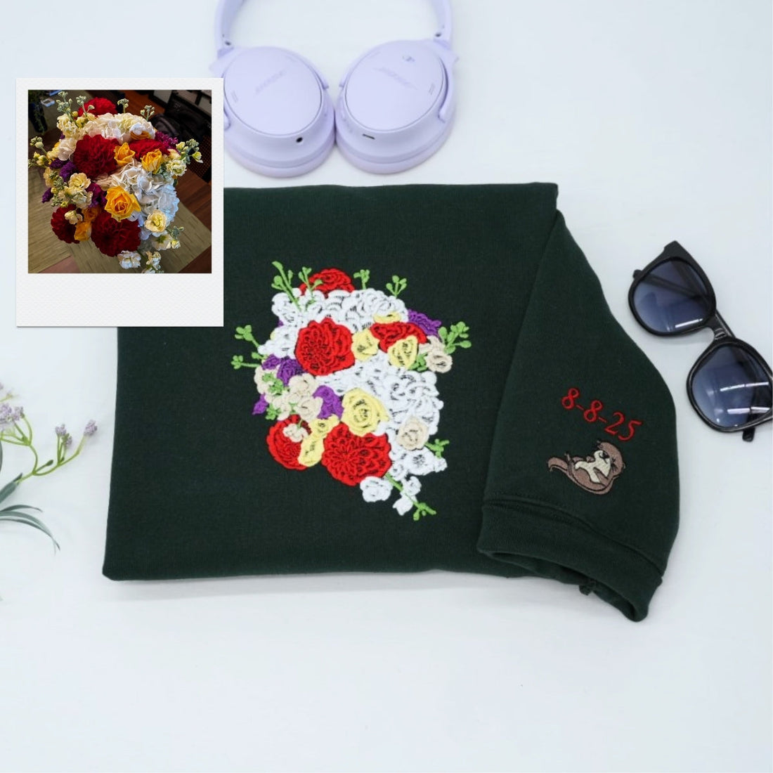 Wedding Bouquet Custom Embroidered Hoodie - Personalized Bride Wedding Date Keepsake 2