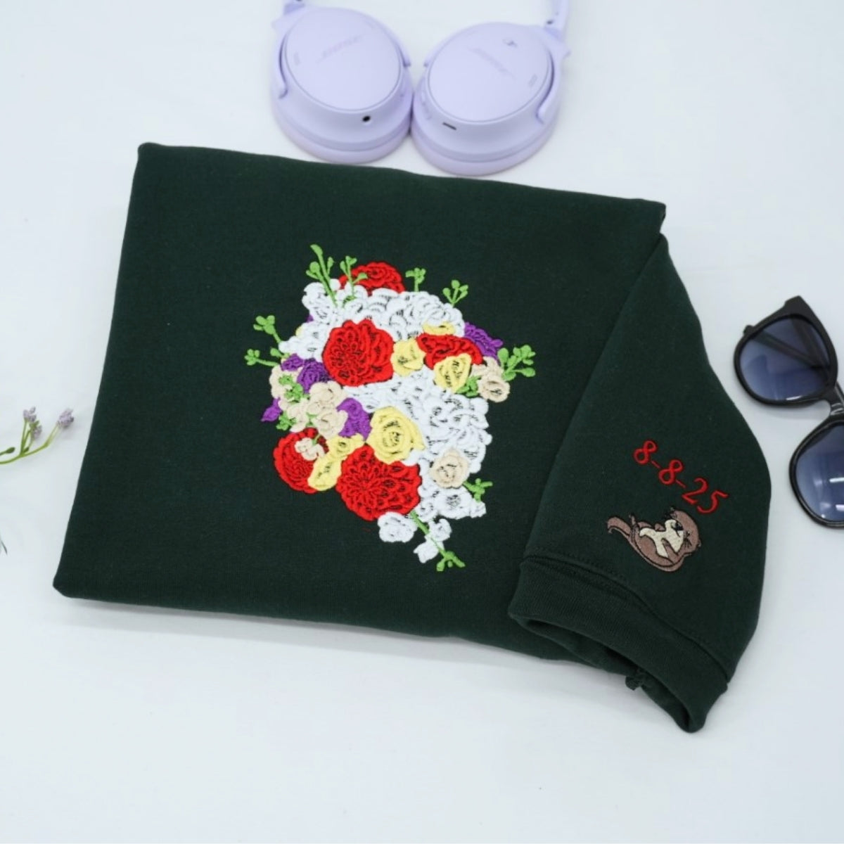 Wedding Bouquet Custom Embroidered Hoodie - Personalized Bride Wedding Date Keepsake 2