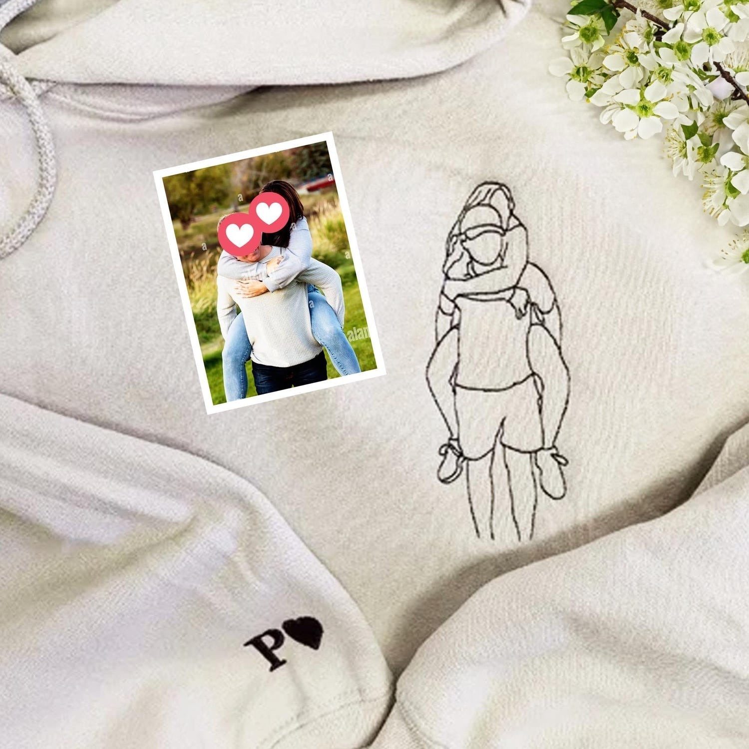 Wedding Photo Custom Embroidered Hoodie - Personalized Line Art Couple Anniversary Gift