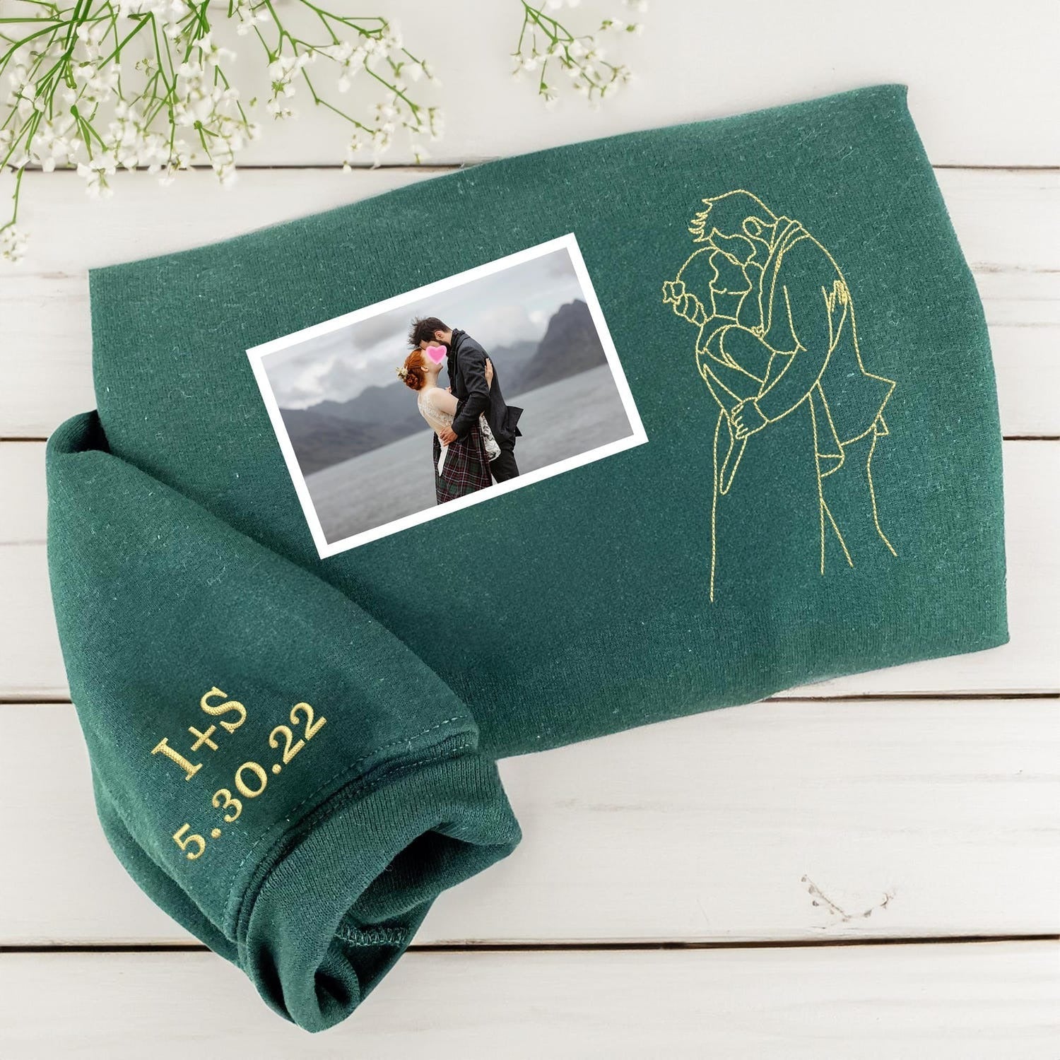 Wedding Photo Custom Embroidered Hoodie - Personalized Line Art Couple Anniversary Gift