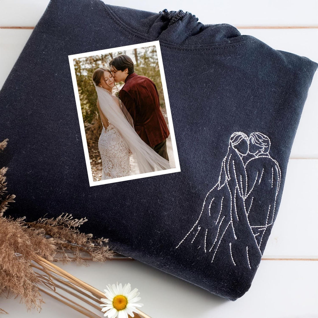 Wedding Photo Custom Embroidered Hoodie - Personalized Line Art Couple Anniversary Gift