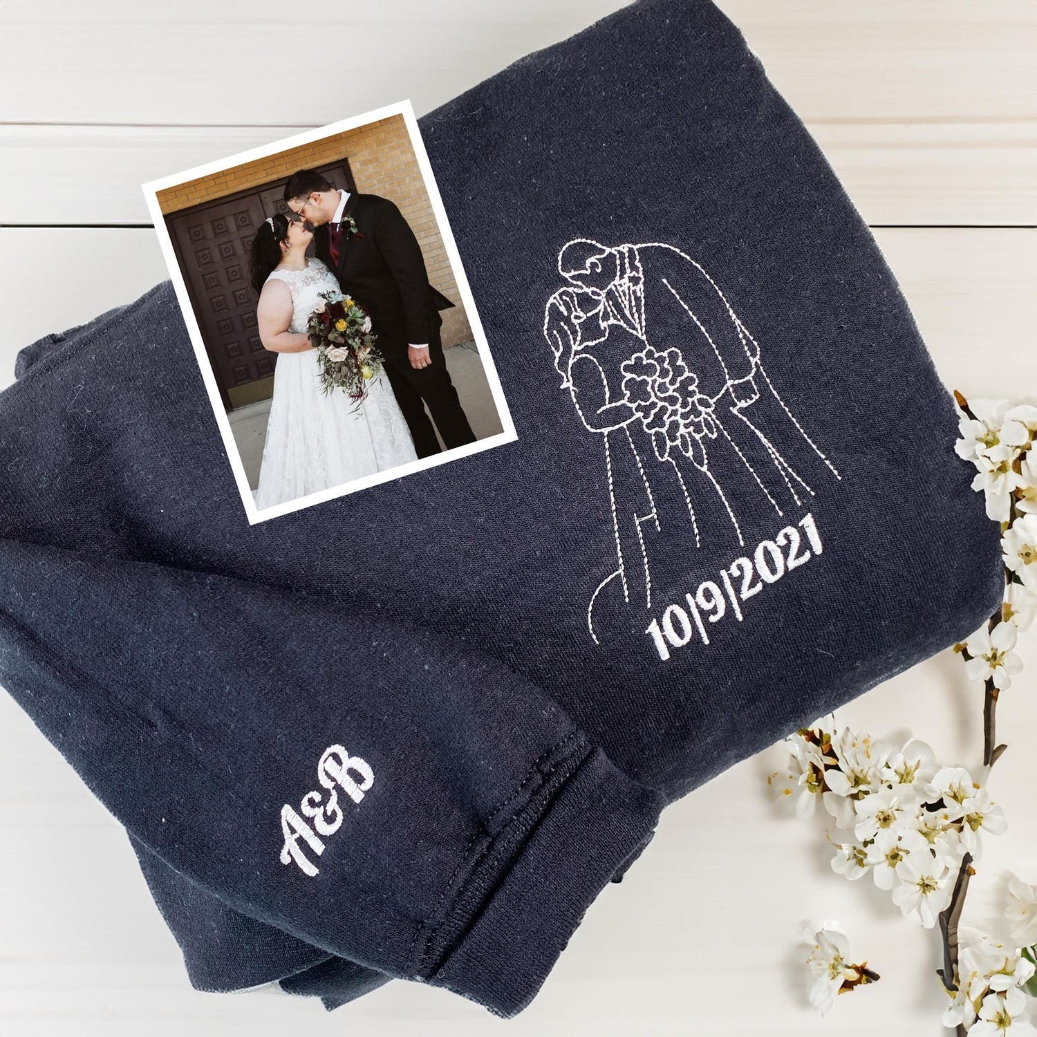 Wedding Photo Custom Embroidered Hoodie - Personalized Line Art Couple Anniversary Gift