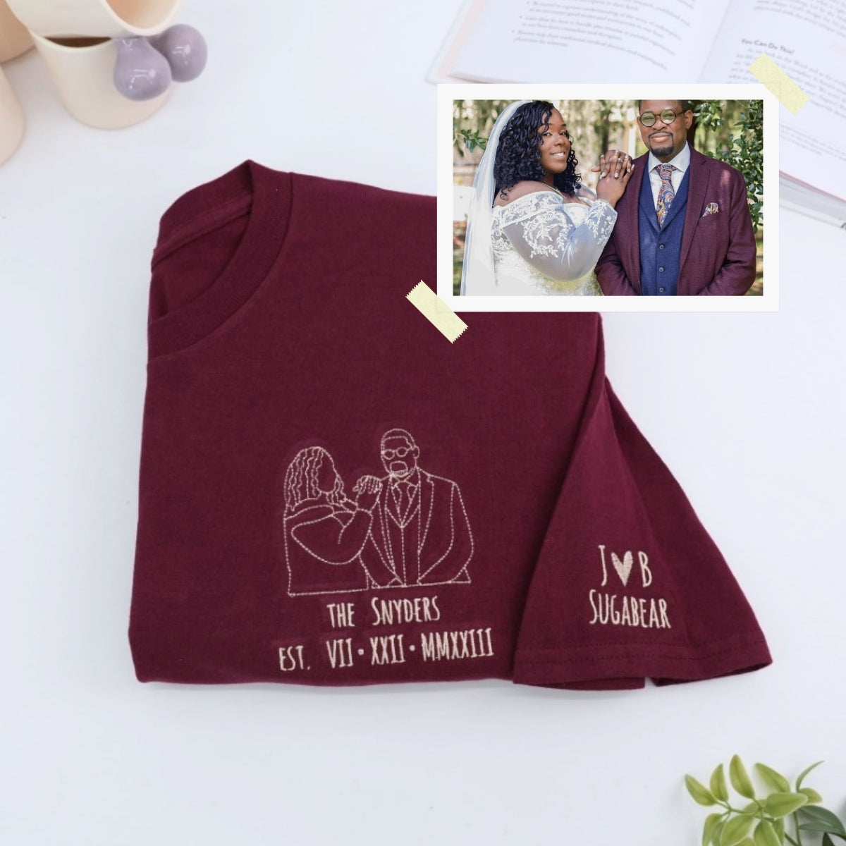 Wedding Photo Custom Embroidered Hoodie - Line Art Anniversary Gift Sweatshirt