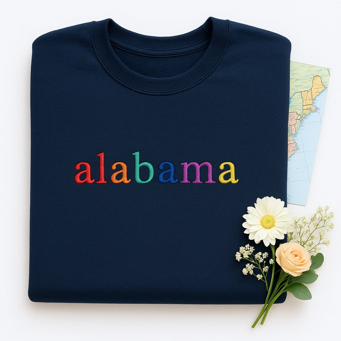 Custom Alabama State Sweatshirt - Rainbow Embroidered Letters - Heart of Dixie Pride Gift