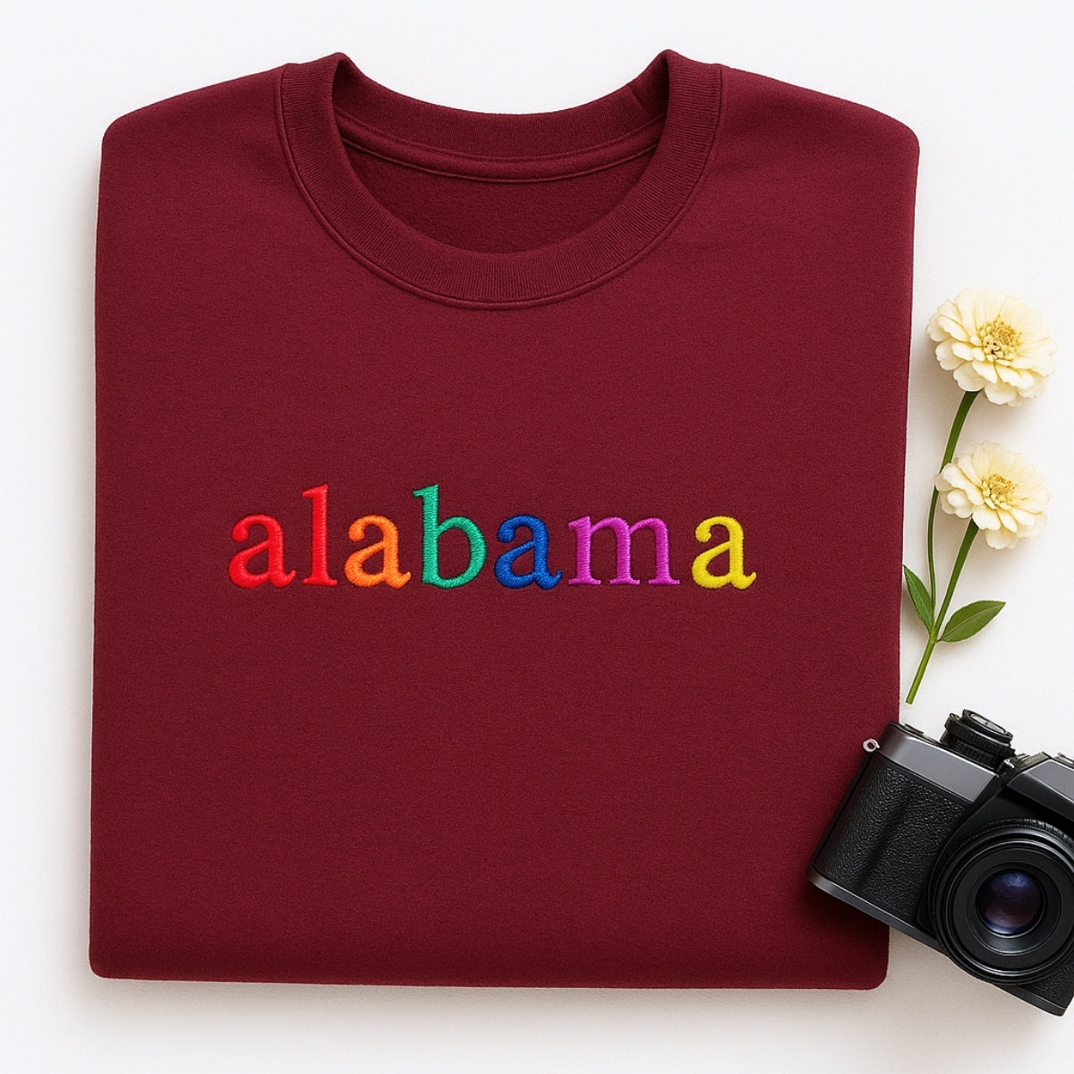 Custom Alabama State Sweatshirt - Rainbow Embroidered Letters - Heart of Dixie Pride Gift
