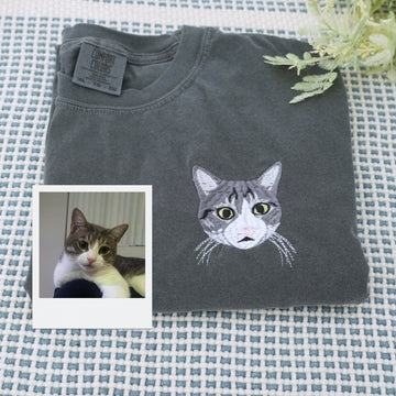 Custom Cat Portrait T-Shirts - Cat Face Embroidered Shirts - Personalized Pet Memorial Gift - Premium Quality Cat Lover Apparel