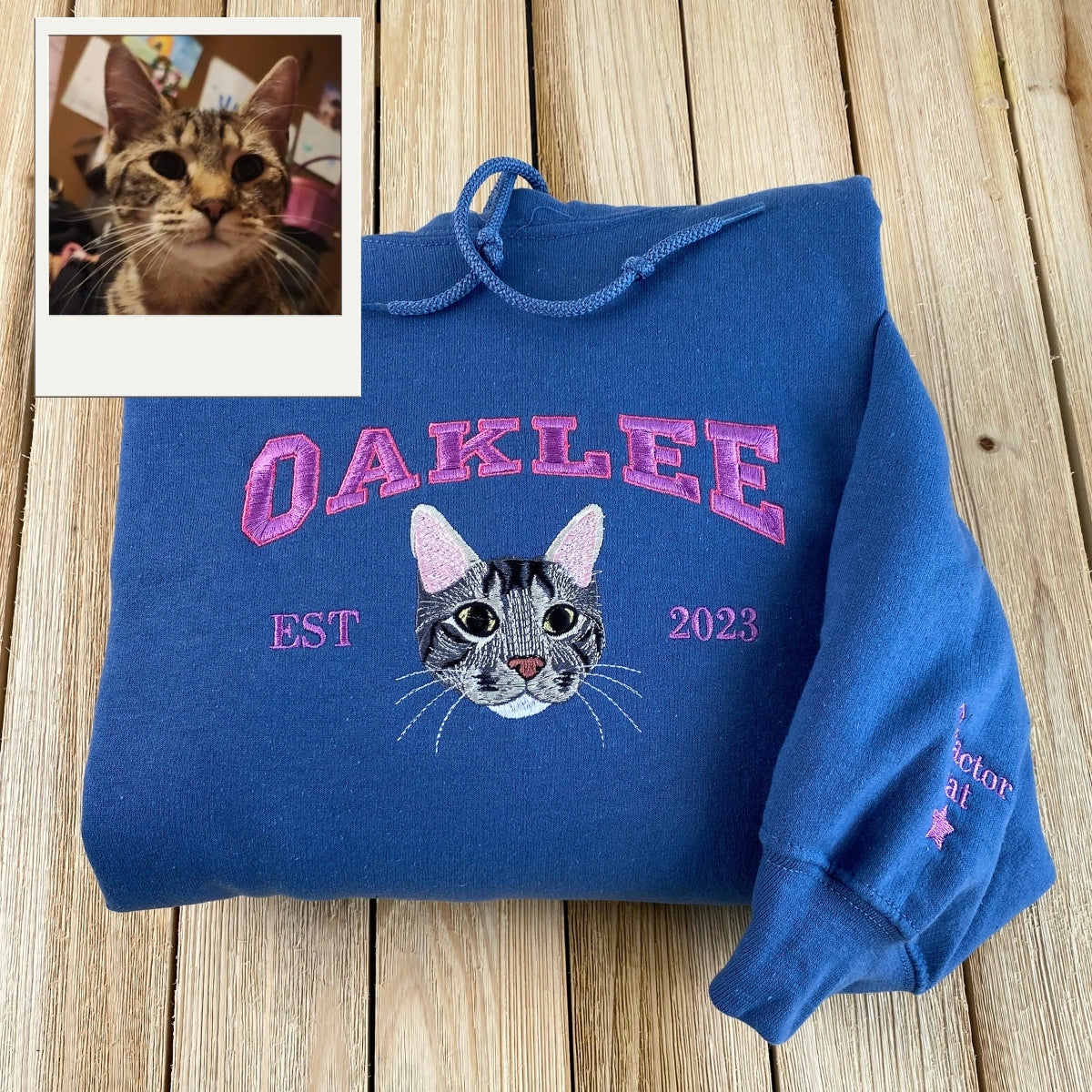 Custom Cat Portrait Varsity Hoodies - Personalized Pet Name Embroidery - Cat Mom Varsity Style Gift