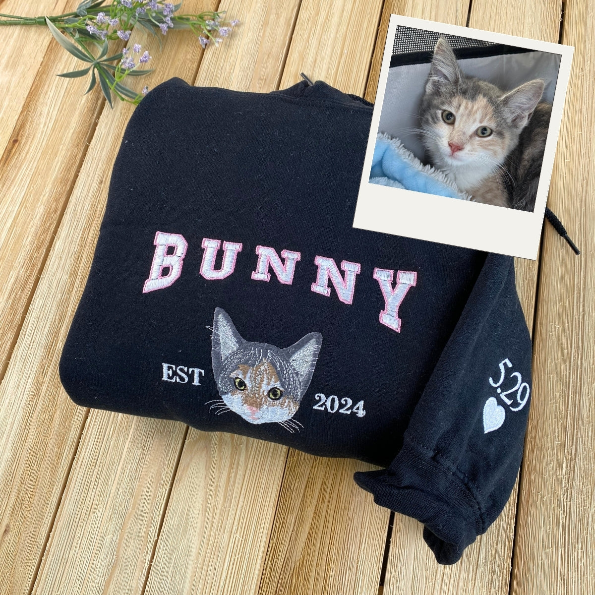 Custom Cat Portrait Varsity Hoodies - Personalized Pet Name Embroidery - Cat Mom Varsity Style Gift