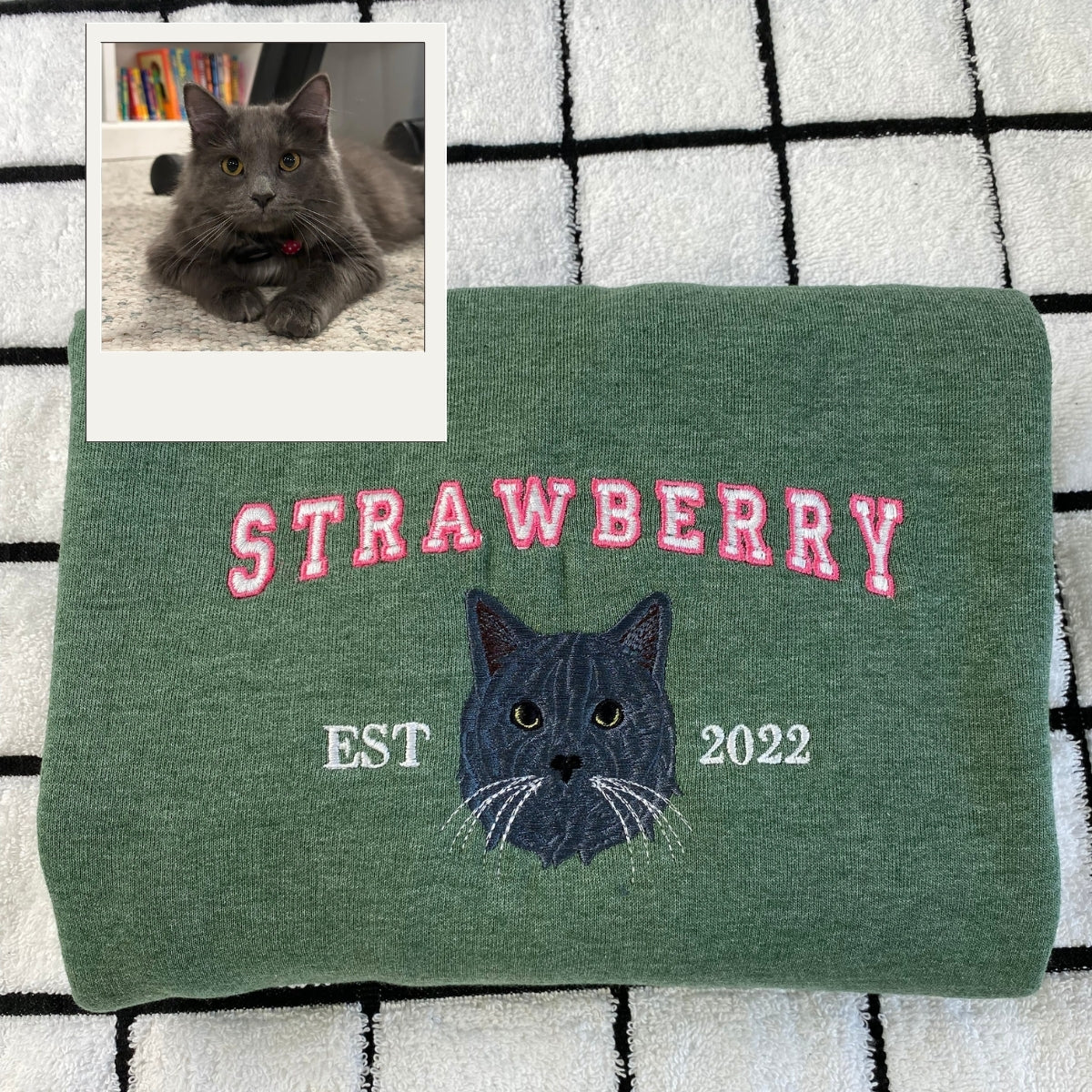 Custom Cat Portrait Varsity Hoodies - Personalized Pet Name Embroidery - Cat Mom Varsity Style Gift
