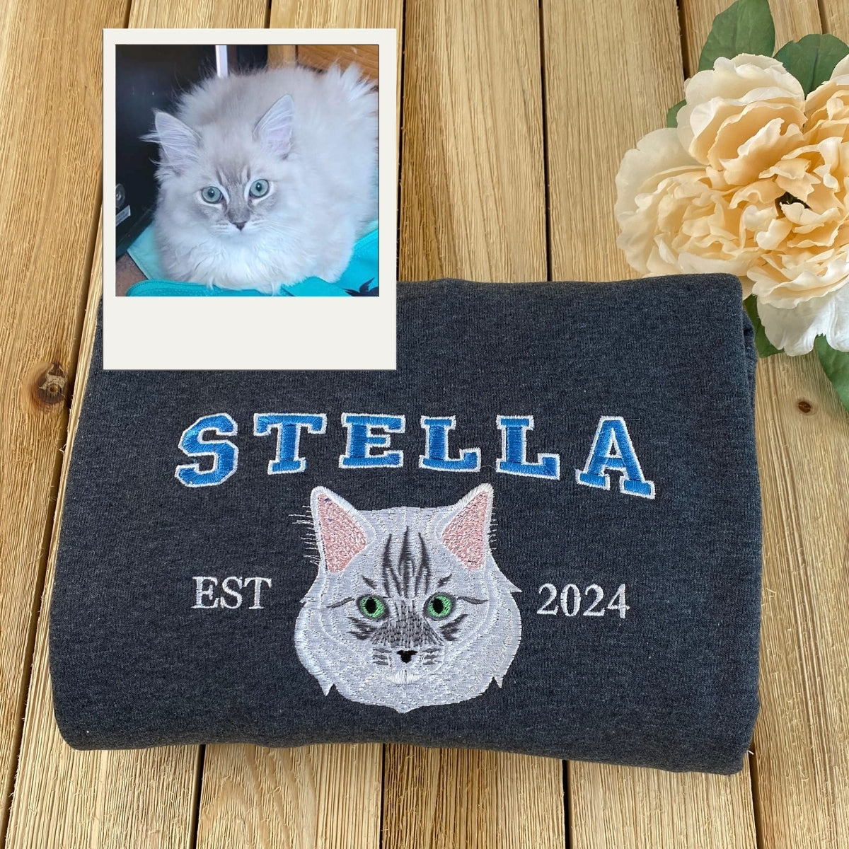 Custom Cat Portrait Varsity Hoodies - Personalized Pet Name Embroidery - Cat Mom Varsity Style Gift