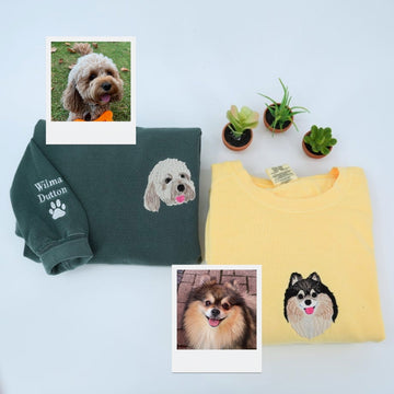Custom Dog Portrait Hoodies - Personalized Dog Face Embroidered Sweatshirts - Dog Mom Dad Gift with Names & Paw Print