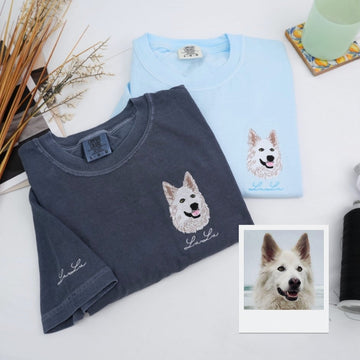 Custom Dog Portrait T-Shirts - Pet Face Embroidery with Name on Sleeve - Personalized Dog Lover Gift