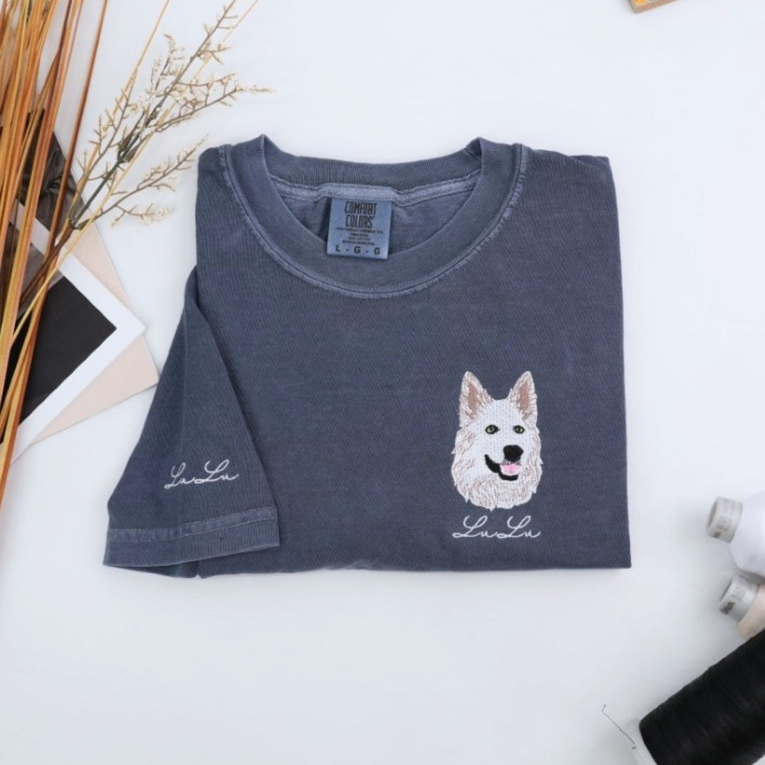 Custom Dog Portrait T-Shirts - Pet Face Embroidery with Name on Sleeve - Personalized Dog Lover Gift