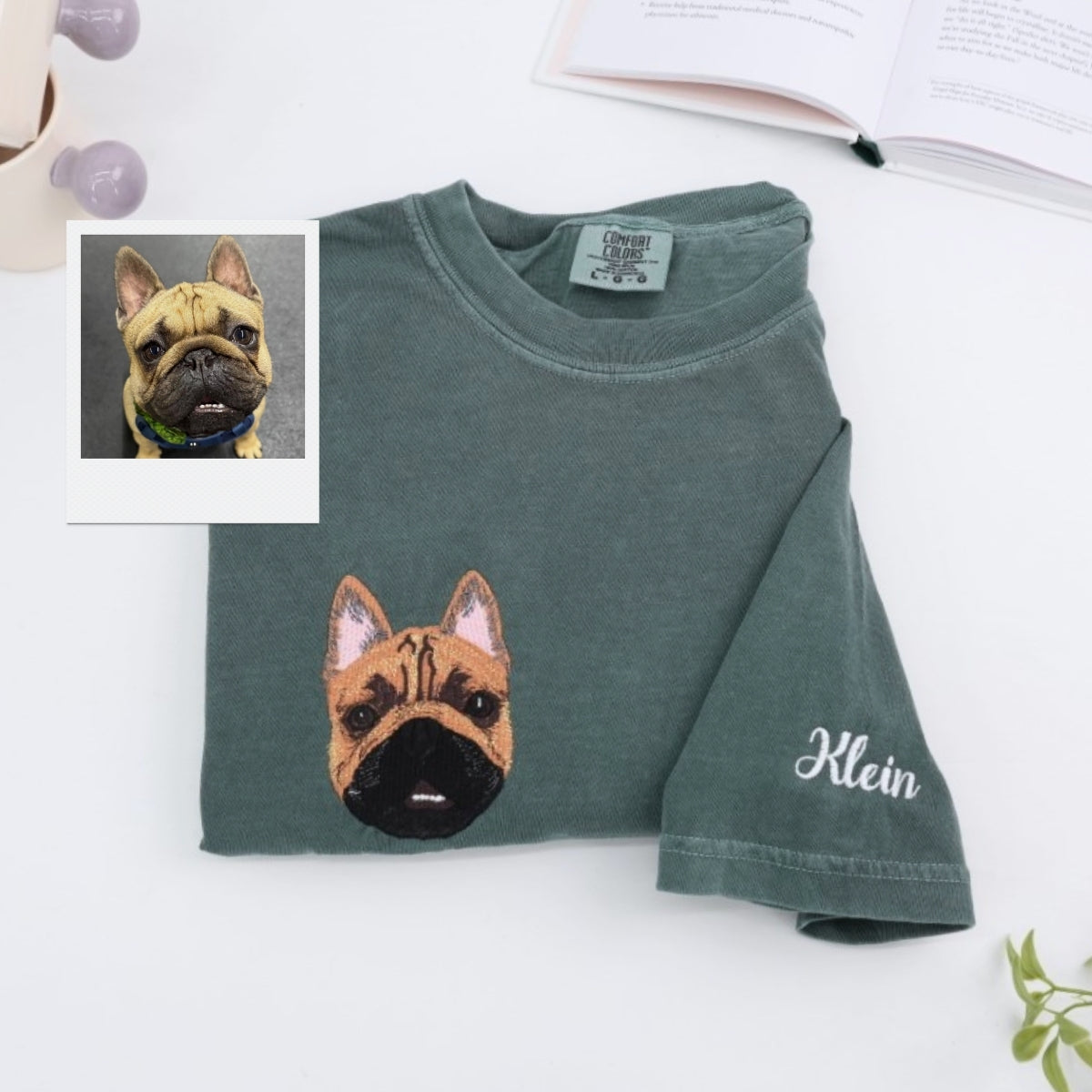 Custom Dog Portrait T-Shirts - Pet Face Embroidery with Name on Sleeve - Personalized Dog Lover Gift