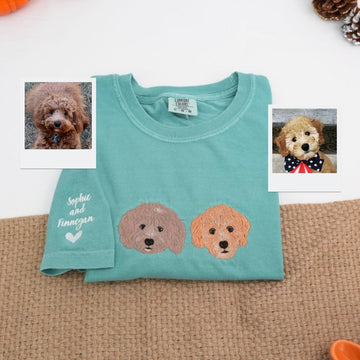 Custom Dog Portrait T-Shirts - Photo to Embroidery Pet Face with Name - Personalized Dog Lover Gift