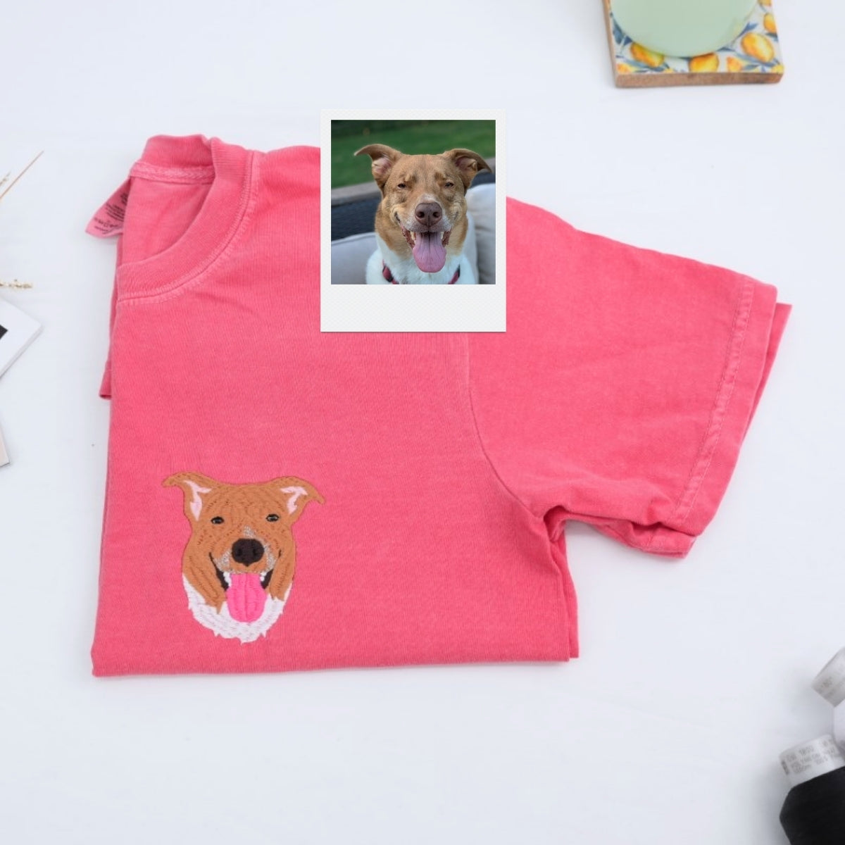 Custom Dog Portrait T-Shirts - Photo to Embroidery Pet Face with Name - Personalized Dog Lover Gift