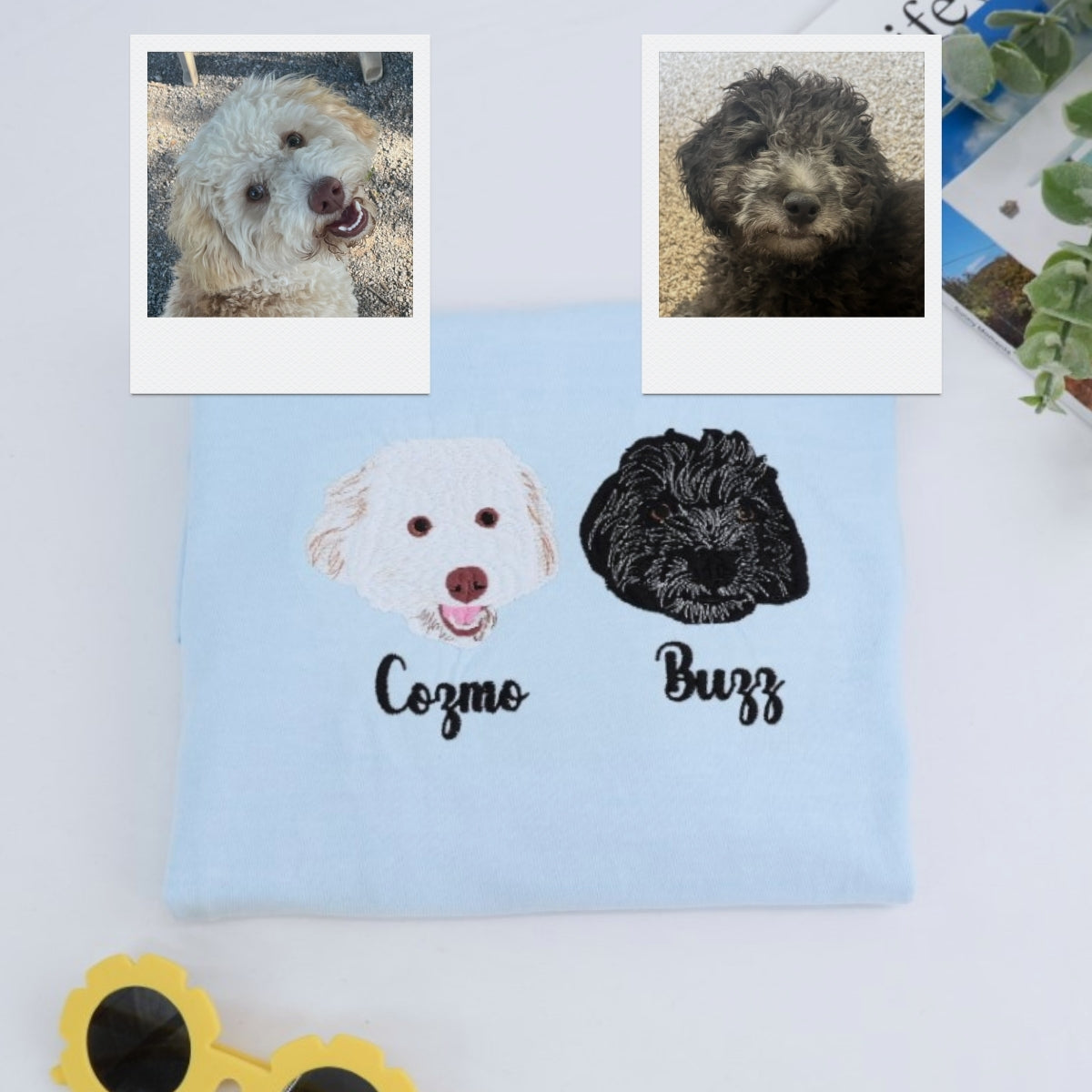Custom Dog Portrait T-Shirts - Photo to Embroidery Pet Face with Name - Personalized Dog Lover Gift
